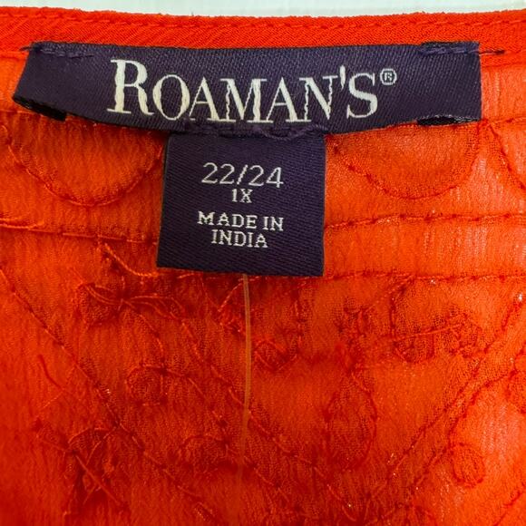 Roaman's Orange Beaded Caftan Top 2PC Set Plus 22/24 1X Sheer Tunic India - Picture 8 of 10